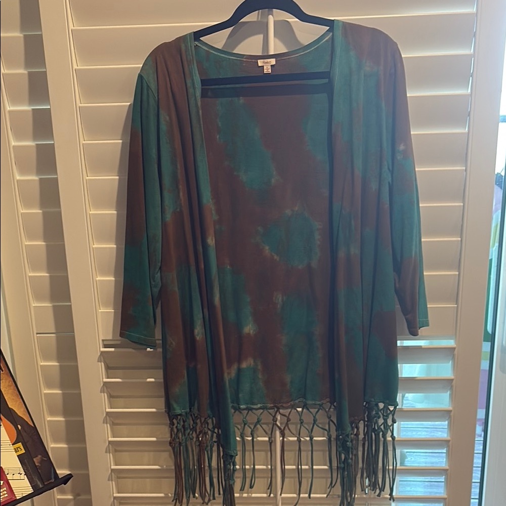 REBA Teal and Brown Tie-Dye Fringe Cardigan